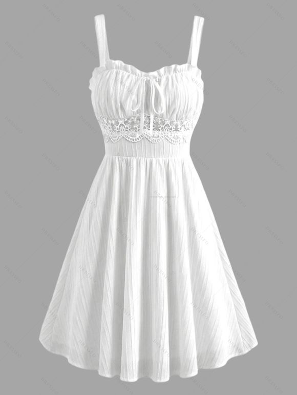 Vintage Couple Outfit Solid Color Lace Panel Scalloped Ruffle Bowknot Smocked Dress and Textured Shirt Set - Blanc S | US 4