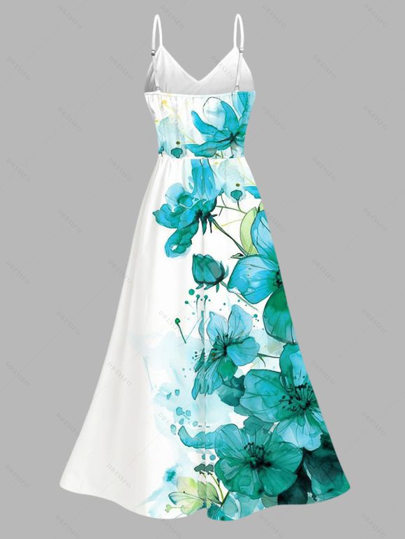 Vacation Dress Ink-splash Style Floral Leaf Print Lace Hollow Out Slit Dress - Turquoise XXXXXL | US 20