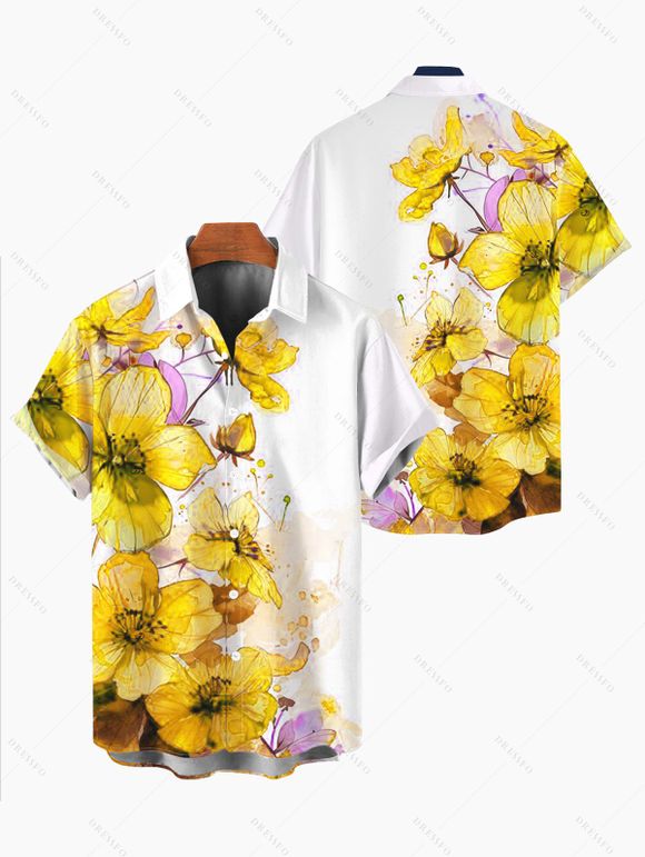 Men's Vacation Shirt Ink-splash Style Floral Leaf Print Button Up Shirt - Jaune 5XL