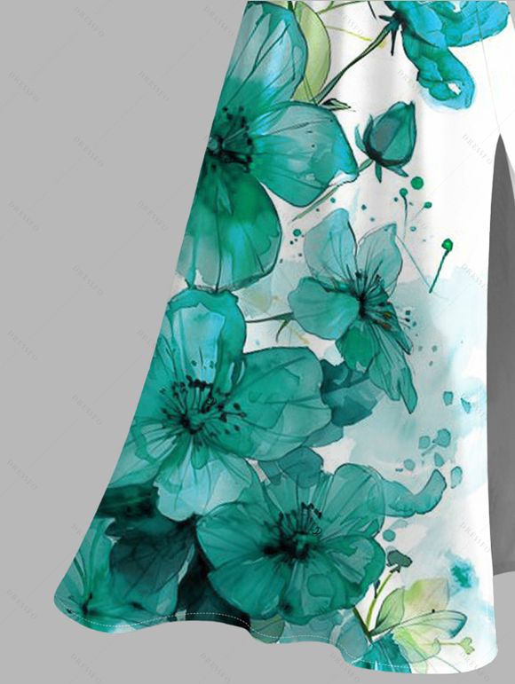 Vacation Dress Ink-splash Style Floral Leaf Print Lace Hollow Out Slit Dress - Turquoise XXXXXL | US 20