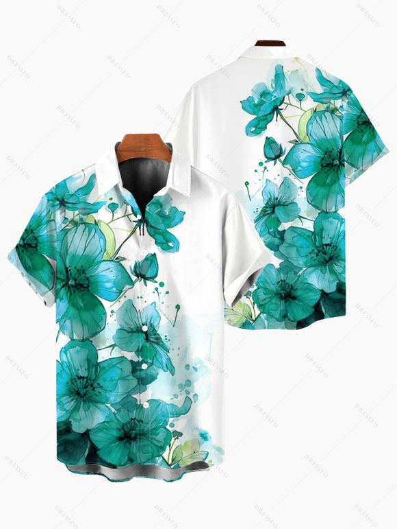 Men's Vacation Shirt Ink-splash Style Floral Leaf Print Button Up Shirt - Turquoise 5XL