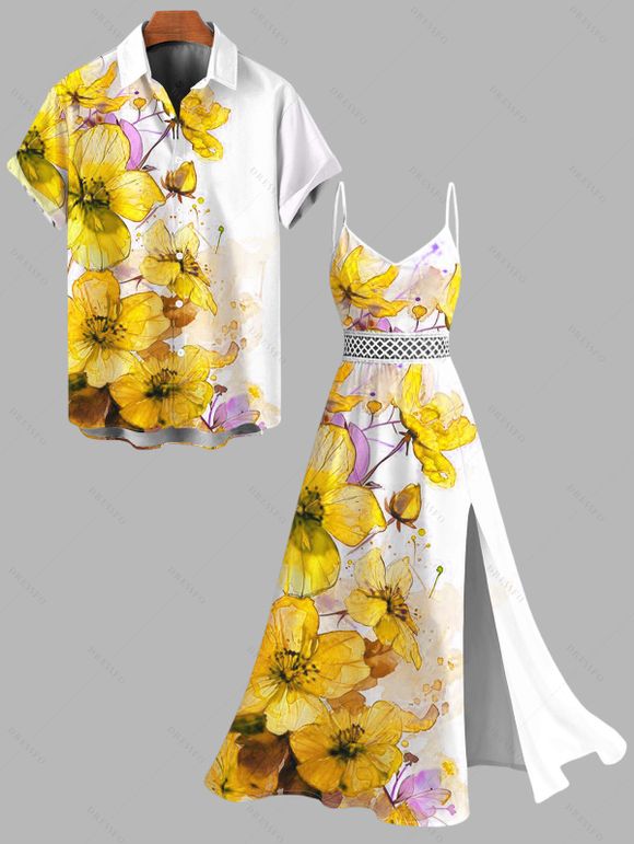 Vacation Couple Outfit Ink-splash Style Floral Leaf Print Lace Hollow Out Slit Dress and Shirt Set - Jaune S | US 4