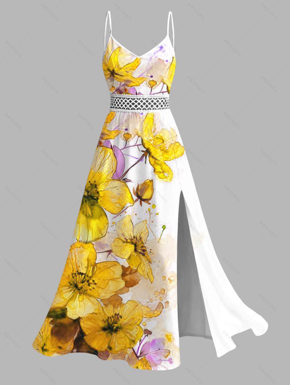 Vacation Couple Outfit Ink-splash Style Floral Leaf Print Lace Hollow Out Slit Dress and Shirt Set - Jaune S | US 4