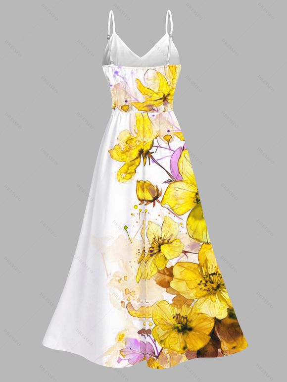 Vacation Couple Outfit Ink-splash Style Floral Leaf Print Lace Hollow Out Slit Dress and Shirt Set - Jaune S | US 4