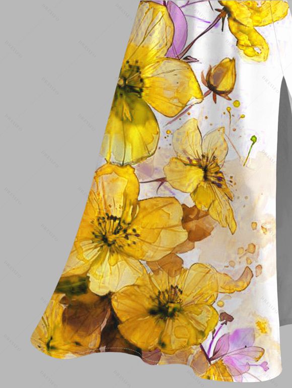 Vacation Couple Outfit Ink-splash Style Floral Leaf Print Lace Hollow Out Slit Dress and Shirt Set - Jaune S | US 4