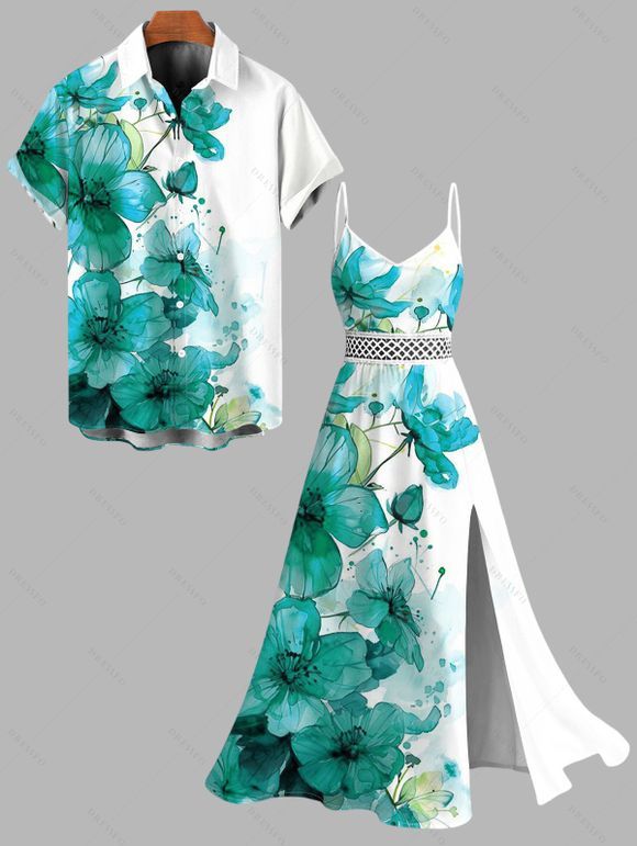 Vacation Couple Outfit Ink-splash Style Floral Leaf Print Lace Hollow Out Slit Dress and Shirt Set - Turquoise Moyenne S | US 4