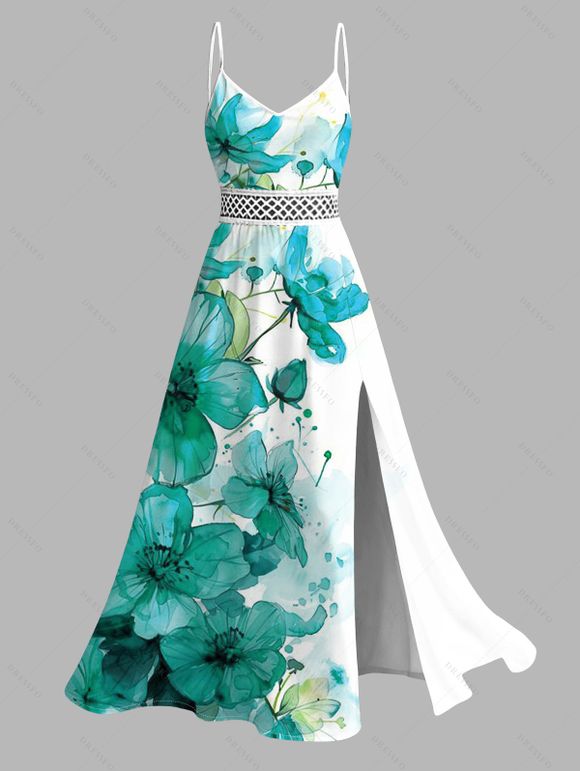 Vacation Couple Outfit Ink-splash Style Floral Leaf Print Lace Hollow Out Slit Dress and Shirt Set - Turquoise Moyenne S | US 4