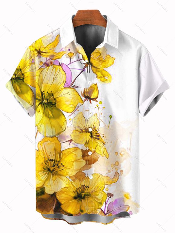 Vacation Couple Outfit Ink-splash Style Floral Leaf Print Lace Hollow Out Slit Dress and Shirt Set - Jaune S | US 4