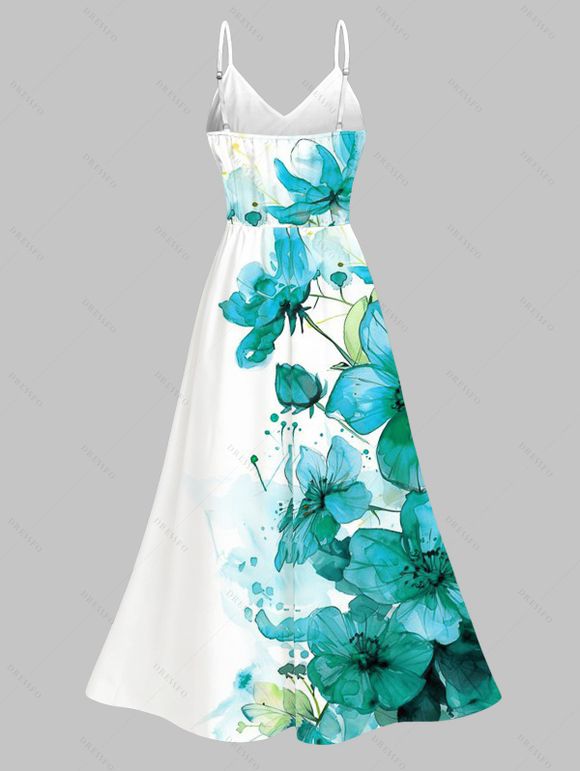Vacation Couple Outfit Ink-splash Style Floral Leaf Print Lace Hollow Out Slit Dress and Shirt Set - Turquoise Moyenne S | US 4