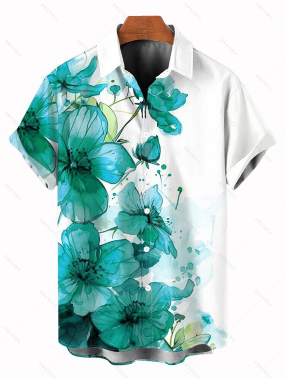 Vacation Couple Outfit Ink-splash Style Floral Leaf Print Lace Hollow Out Slit Dress and Shirt Set - Turquoise Moyenne S | US 4