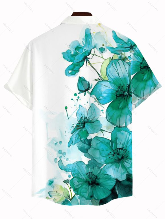 Vacation Couple Outfit Ink-splash Style Floral Leaf Print Lace Hollow Out Slit Dress and Shirt Set - Turquoise Moyenne S | US 4