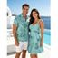 Vacation Couple Outfit Allover Tropical Plant Leaf Pattern Ruched Bust Belt Sweetheart Neck A Line Mini Dress and Roll Up Sleeve Shirt Casual Matching Outfit - Vert clair S | US 4