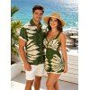 Vacation Couple Outfit Tropical Leaf Silhouette Print Twisted Romper and Shirt Set - PLANT GREEN S | US 4