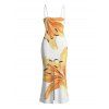 Vacation Couple Outfit Watercolor Lily Floral Print Spaghetti Strap Bodycon Dress and Shirt Set - Blanc S | US 4