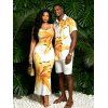 Vacation Couple Outfit Watercolor Lily Floral Print Spaghetti Strap Bodycon Dress and Shirt Set - Blanc S | US 4