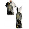 Vacation Couple Outfit Colorblock Line Rose Floral Print Spaghetti Strap Bodycon Dress and Shirt Set - Noir S | US 4