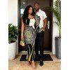 Vacation Couple Outfit Colorblock Line Rose Floral Print Spaghetti Strap Bodycon Dress and Shirt Set - Noir S | US 4