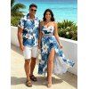 Vacation Couple Outfit Monstera Hibiscus Floral Print Lace Hollow Out Slit Dress and Shirt Set - Bleu Ciel S | US 4