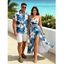 Vacation Couple Outfit Monstera Hibiscus Floral Print Lace Hollow Out Slit Dress and Shirt Set - Bleu Ciel S | US 4