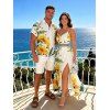 Vacation Couple Outfit Sunflower Leaf Print Hollow Out Slit Dress and Shirt Set - Jaune S | US 4