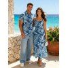 Vacation Couple Outfit Leaf Plant Pattern Pocket Spaghetti Strap A Line Long Dress and Button Up Shirt Beach Matching Outfit - Bleu gris S | US 4
