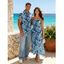 Vacation Couple Outfit Leaf Plant Pattern Pocket Spaghetti Strap A Line Long Dress and Button Up Shirt Beach Matching Outfit - Bleu gris S | US 4