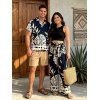 Vacation Couple Outfit Textured Cropped Top Leaf Silhouette Print Belt Pants and Shirt Shorts Set - Noir S | US 4