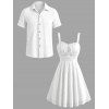 Vintage Couple Outfit Solid Color Lace Panel Scalloped Ruffle Bowknot Smocked Dress and Textured Shirt Set - Blanc S | US 4