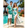 Vacation Couple Outfit Ink-splash Style Floral Leaf Print Lace Hollow Out Slit Dress and Shirt Set - Turquoise Moyenne S | US 4