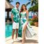 Vacation Couple Outfit Ink-splash Style Floral Leaf Print Lace Hollow Out Slit Dress and Shirt Set - Turquoise Moyenne S | US 4