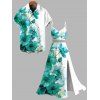 Vacation Couple Outfit Ink-splash Style Floral Leaf Print Lace Hollow Out Slit Dress and Shirt Set - Turquoise Moyenne S | US 4