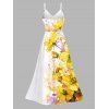 Vacation Couple Outfit Ink-splash Style Floral Leaf Print Lace Hollow Out Slit Dress and Shirt Set - Jaune S | US 4