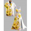 Vacation Couple Outfit Ink-splash Style Floral Leaf Print Lace Hollow Out Slit Dress and Shirt Set - Jaune S | US 4