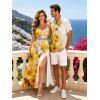 Vacation Couple Outfit Ink-splash Style Floral Leaf Print Lace Hollow Out Slit Dress and Shirt Set - Jaune S | US 4