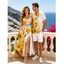 Vacation Couple Outfit Ink-splash Style Floral Leaf Print Lace Hollow Out Slit Dress and Shirt Set - Turquoise Moyenne S | US 4