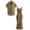 Vintage Vacation Couple Outfit Colorblock Wave Striped Print Spaghetti Strap Bodycon Dress and Shirt Set - multicolor A S | US 4
