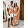 Vacation Couple Outfit Colorblock Hibiscus Floral Print Spaghetti Strap Bodycon Dress and Shirt Set - Orange S | US 4