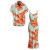 Vacation Couple Outfit Colorblock Hibiscus Floral Print Spaghetti Strap Bodycon Dress and Shirt Set - Orange S | US 4