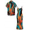 Bohemian Vacation Couple Outfit Colorful Abstract Geometric Print Spaghetti Strap Bodycon Dress and Shirt Set - multicolor S | US 4