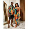 Bohemian Vacation Couple Outfit Colorful Abstract Geometric Print Spaghetti Strap Bodycon Dress and Shirt Set - multicolor S | US 4