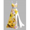 Vacation Dress Ink-splash Style Floral Leaf Print Lace Hollow Out Slit Dress - Jaune XL | US 12