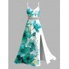 Vacation Dress Ink-splash Style Floral Leaf Print Lace Hollow Out Slit Dress - Turquoise XXXXXL | US 20