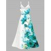 Vacation Dress Ink-splash Style Floral Leaf Print Lace Hollow Out Slit Dress - Turquoise XXXXXL | US 20