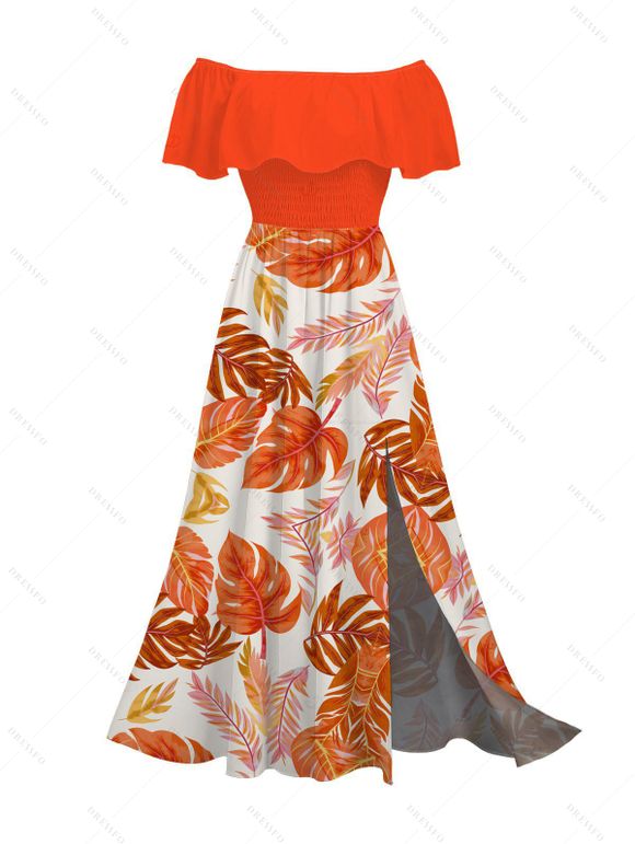 Vacation Couple Outfit Tropical Monstera Leaf Print Flounce Off the Shoulder Smocked Slit Dress and Shirt Set - Orange S | US 4