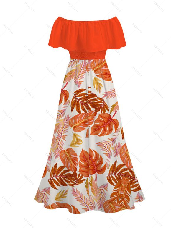 Vacation Dress Tropical Monstera Leaf Print Flounce Off the Shoulder Smocked Slit Dress - Orange XXL | US 14