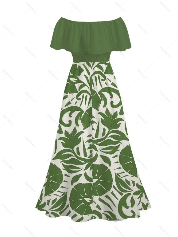 Vacation Dress Botanical Leaf Scroll Silhouette Print Flounce Off the Shoulder Smocked Slit Dress - GREEN XXL | US 14