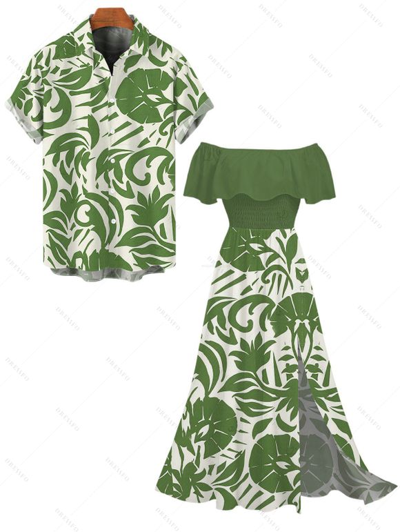 Vacation Couple Outfit Botanical Leaf Scroll Silhouette Print Flounce Off the Shoulder Smocked Slit Dress and Shirt Set - Vert S | US 4