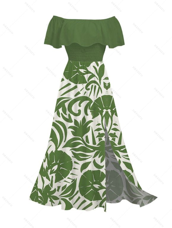 Vacation Couple Outfit Botanical Leaf Scroll Silhouette Print Flounce Off the Shoulder Smocked Slit Dress and Shirt Set - Vert S | US 4