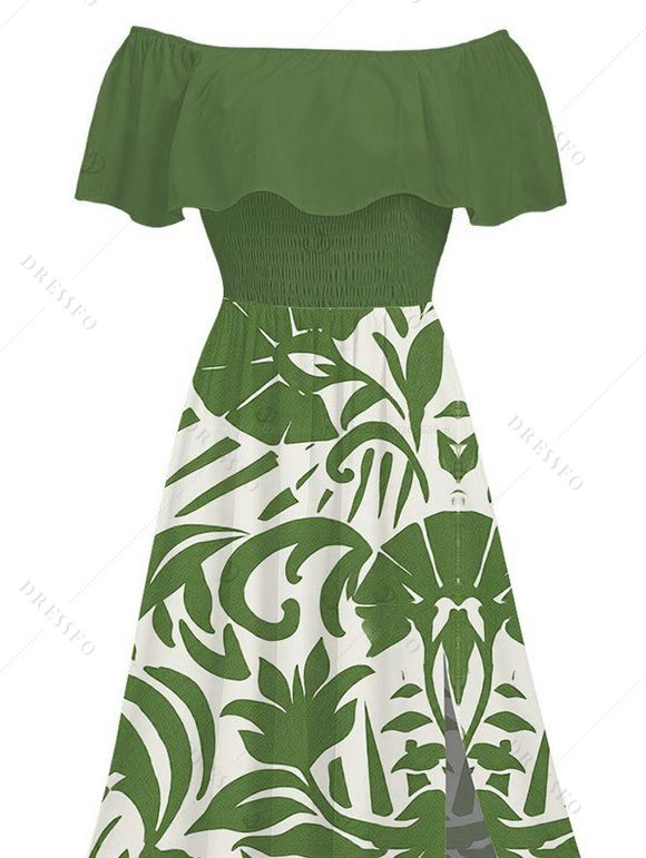 Vacation Couple Outfit Botanical Leaf Scroll Silhouette Print Flounce Off the Shoulder Smocked Slit Dress and Shirt Set - Vert S | US 4