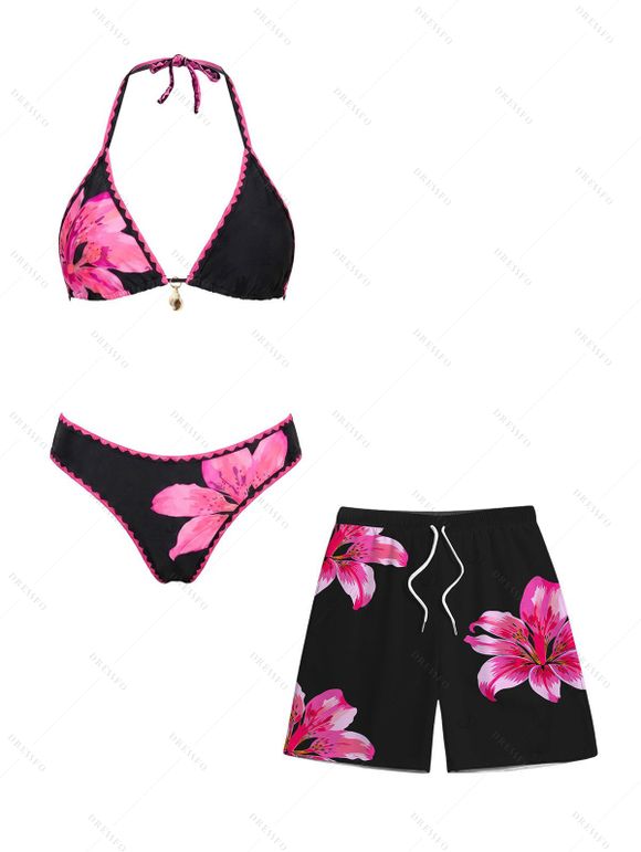 Vacation Couple Outfit Lily Floral Print Scalloped High Cut Briefs Halter Bikini Swimsuit and Beach Shorts Set - Rose S | US 4
